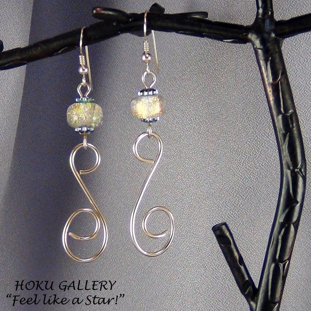 NWOT Earrings Gold Dichroic Glass Beads w/ 14k Gold Filled Wire Handmade 2.5"